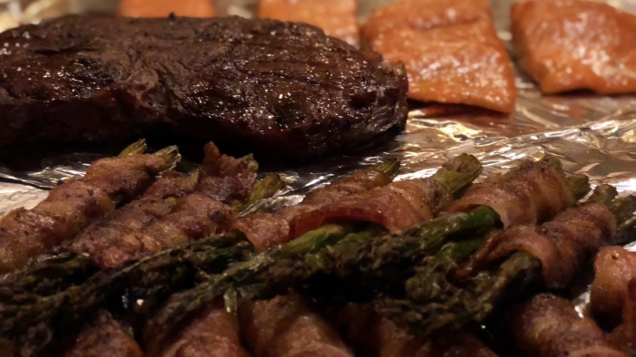 Green Mountain Grills: Steak & Salmon w/ Bacon Wrapped Green Beans & Asparagu